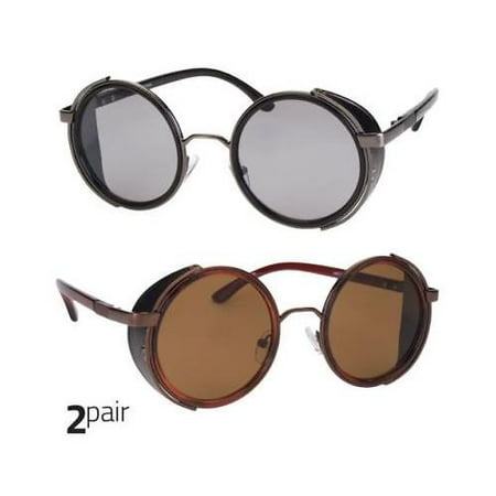 2 Pair Vintage Round SUN Glasses Goggles Steampunk Punk Sunglasses Black Brown