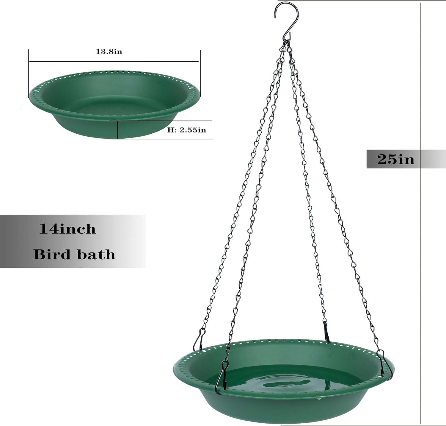 Sparklane - Bird Bath for Outside Heavy Duty, 14 inch BirdBath Bowl Only with 25” Rust-Proof Black Chains for Outdoor, Hanging Bird Bath Hanging Bird-Feeder for Garden Backyard Decor (Green 1 Pack)