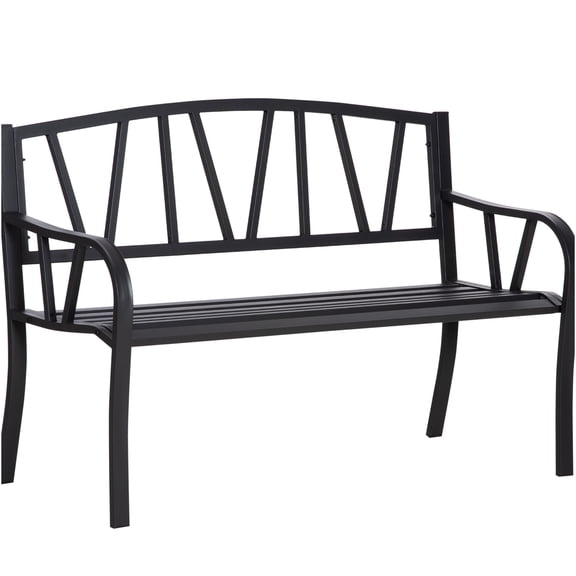JERFIT 2-Person Outdoor Metal Garden Bench, Black Patio Park Bench with Slatted Backrest & Armrests for Garden, Porch, Lawn