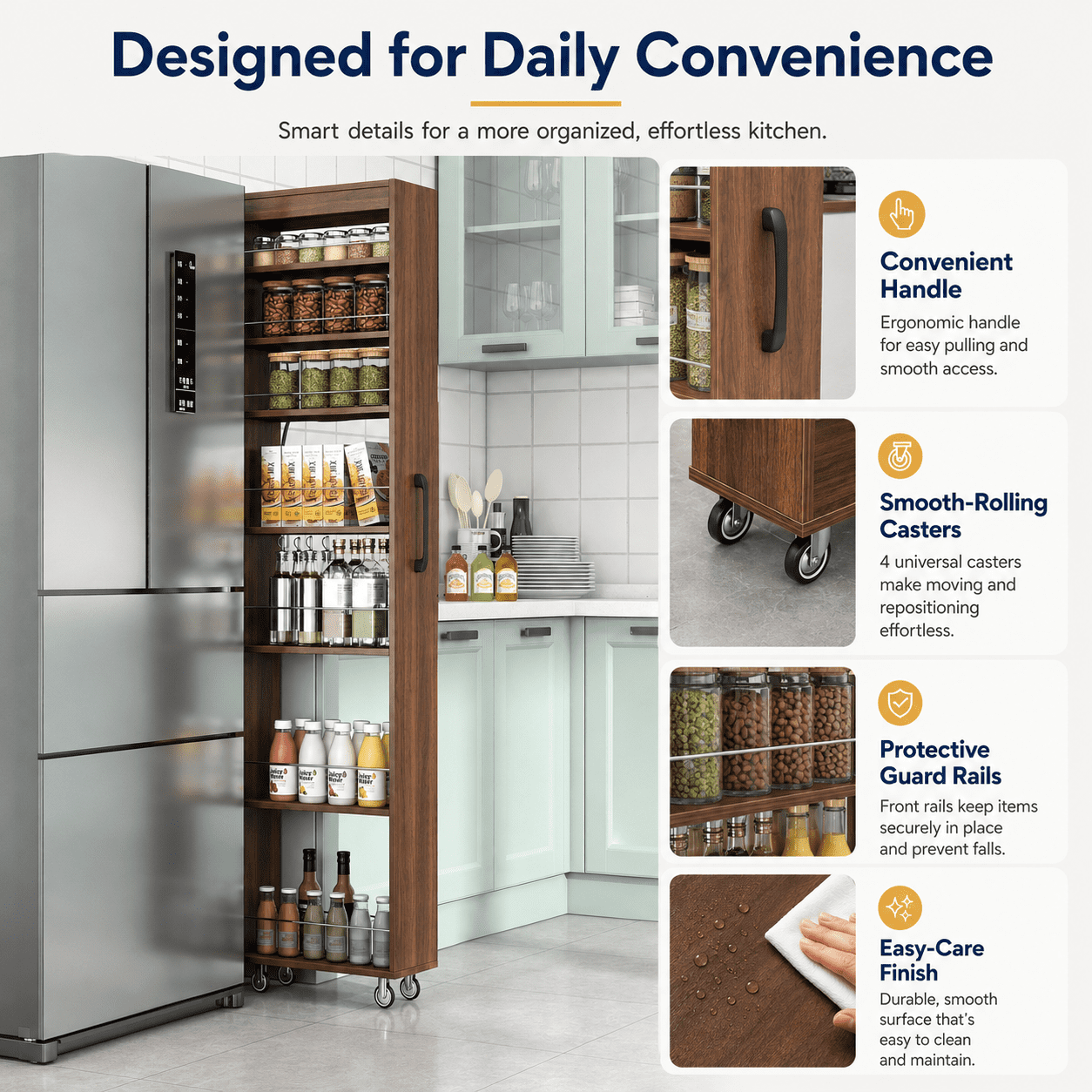 Aukfa 7-Tier Slim Rolling Pantry Cabinet, 70.7" Narrow Pull-Out Kitchen Storage Cart with Handle and Casters,Walnut