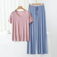 thumbnail image 4 of Loungewear for Women – Comfy Pajama Shorts V Neck Short Sleeve Pajama Set With Loose Fit Long Pants For Women Thin Summer Sleepwear, 4 of 4