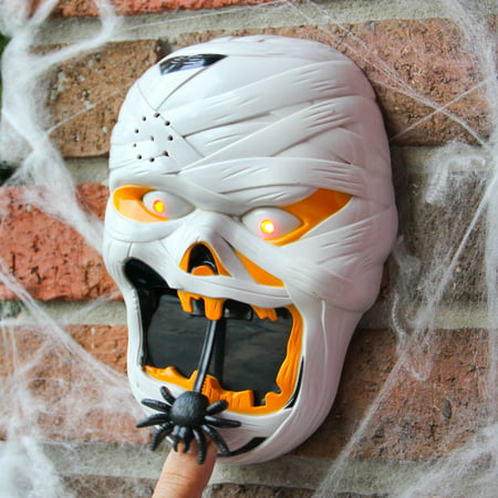 (Set) Halloween Mummy Head Doorbell With Spooky Drop Down Spider & Batteries