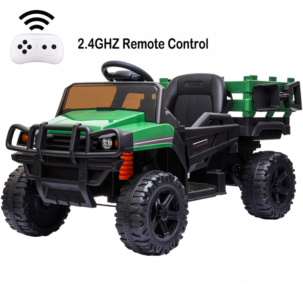 2 in 1 Electric Tractor with Trailer Seat Belt LED Light Bluetooth/USB/MP3 Battery Powered Tractor w/ Remote Control Green Cup Holder Horn INFANS 12V Kids Ride on Car Tractor 