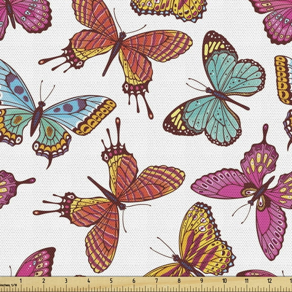 Ambesonne Butterflies Fabric by the Yard Upholstery, Delicate Ornate Wings, 2 Yards, Multicolor