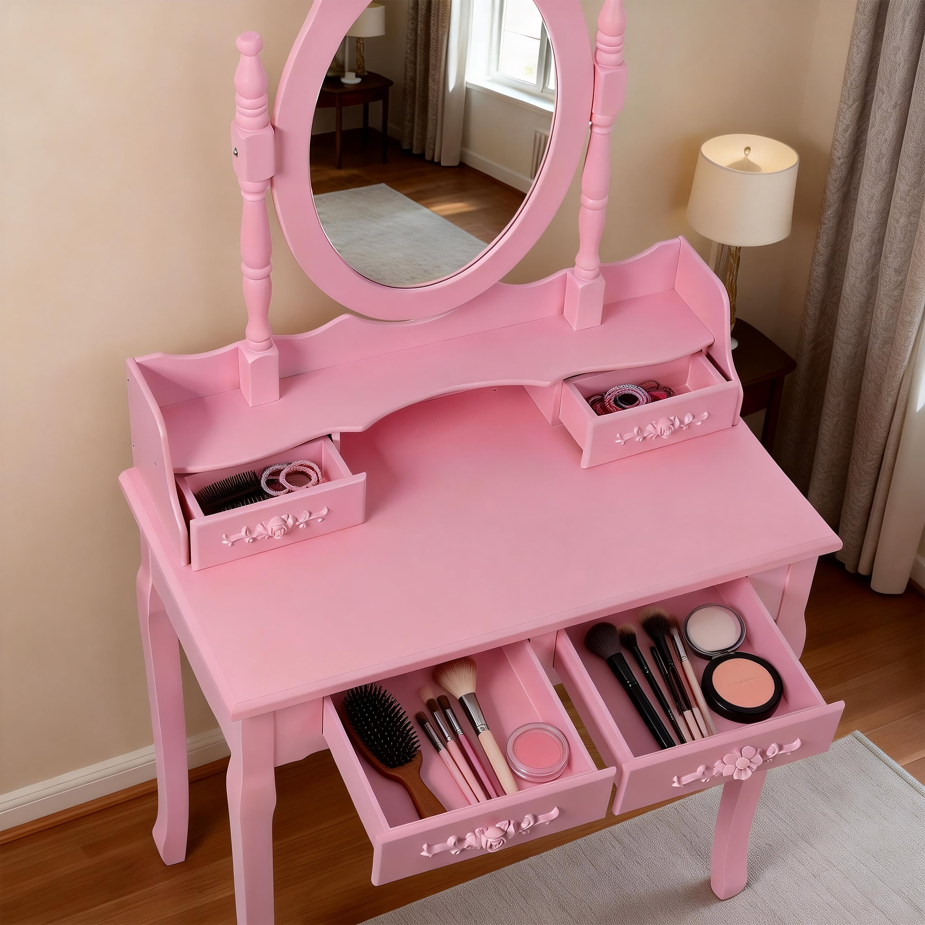 Makeup Vanity, Vanity Desk for Girls, Princess Vanity Pink with 360 Degree Rotating Mirror 4 Drawers Large Tabletop Includes Cushioned Multi Purpose Stool, Pink