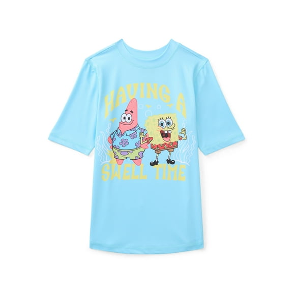 SpongeBob SquarePants Boys Graphic Rash Guard Top with Short Sleeves, Sizes 4-12