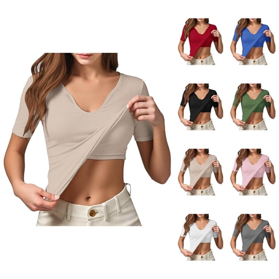Tops with Built in Bra for Women Summer Casual Short Sleeve V Neck Slim Fit Padded Plain Basic T Shirts