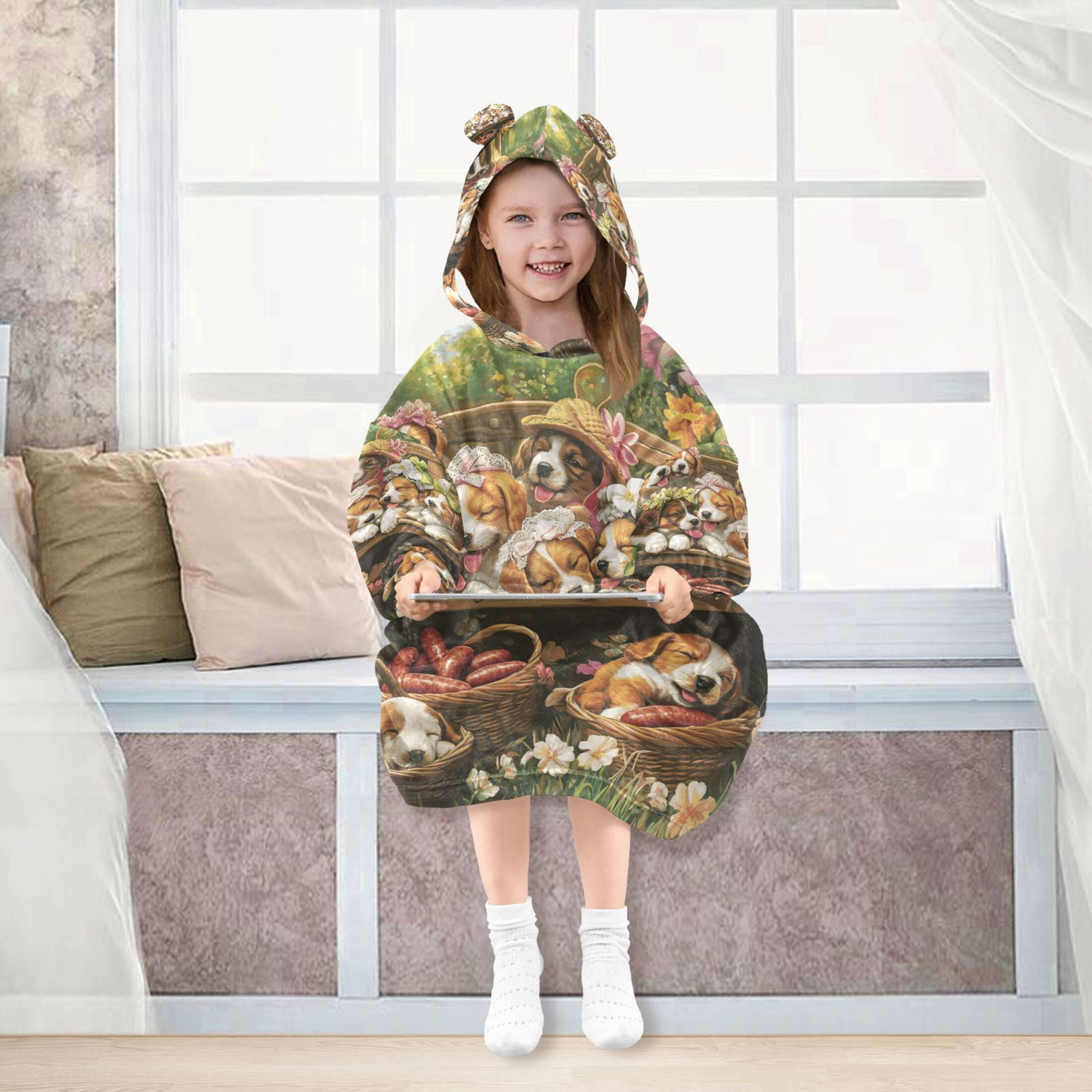 YAZAOO Kids Wearable Blanket Hoodie Warm and Cozy Puppy Playdate in Bloom Flannel Sweatshirt