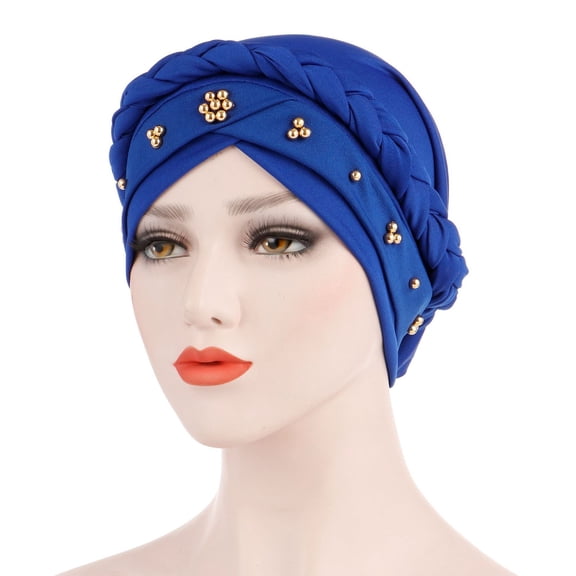 Womens Baseball Caps Wide Brim Sun Hats For Women UV Protection Turban Beaded Headscarf Beanie Twisted Braid Wrap Headwear Blue