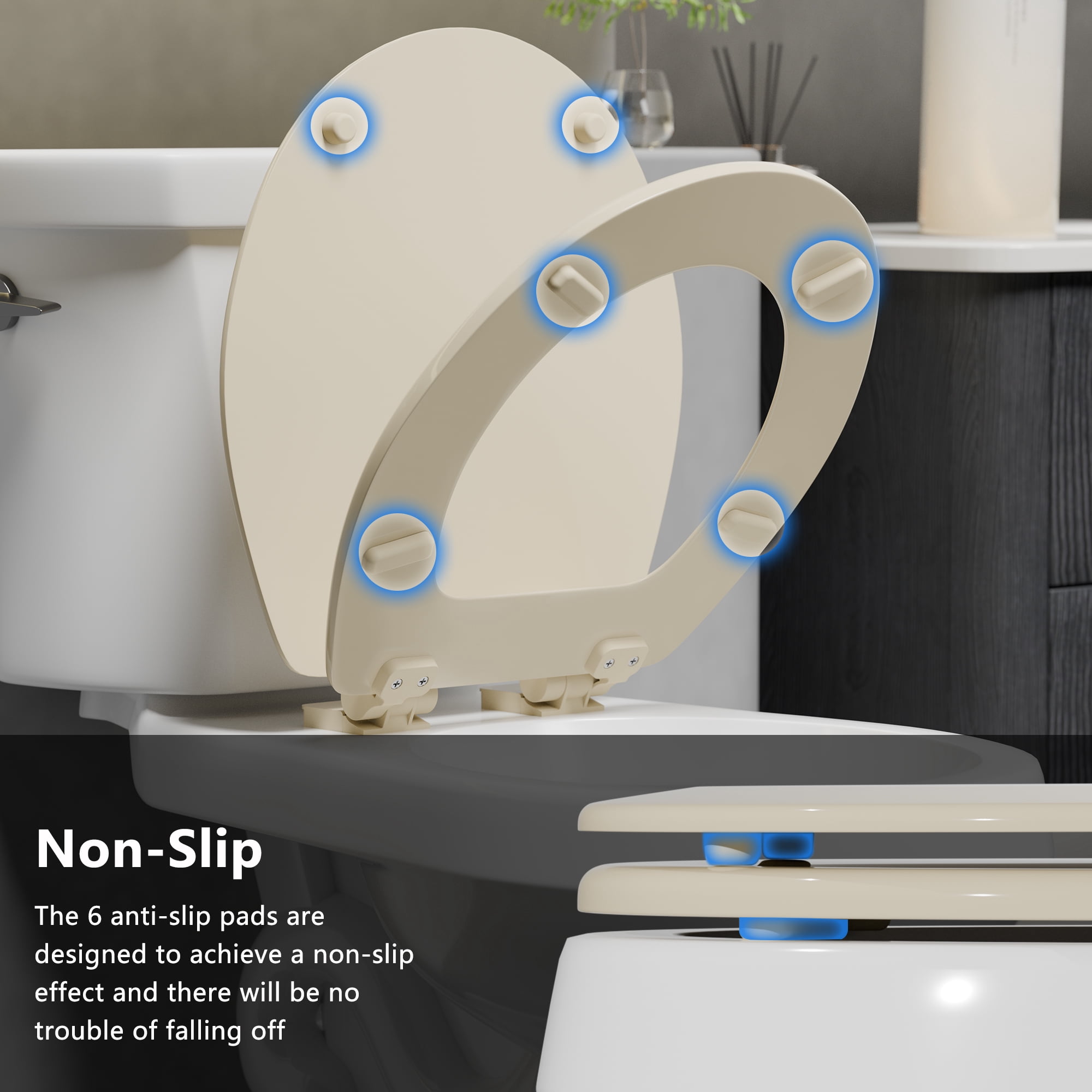 Angol Shiold Wood Toilet Seat with Non-Slip Adjustable Hinges, Quiet-Close ( Beige, Round 16.5'' )