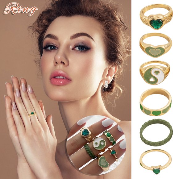 HomeKingdee 6 Pcs Vintage Green Color Changing Stackable Rings for Women - Adjustable Brass Fashion Rings with Temperature Sensitive Enamel for Daily Wear and Gift Giving
