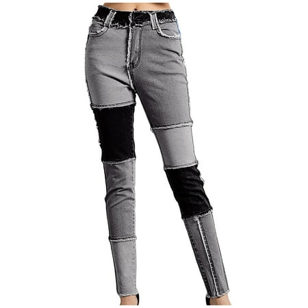 SnZhen Stylish Skinny Jeans for Women High Waisted Stretch Patchwork Contrast Color Casual Denim Long Pants D-Black S