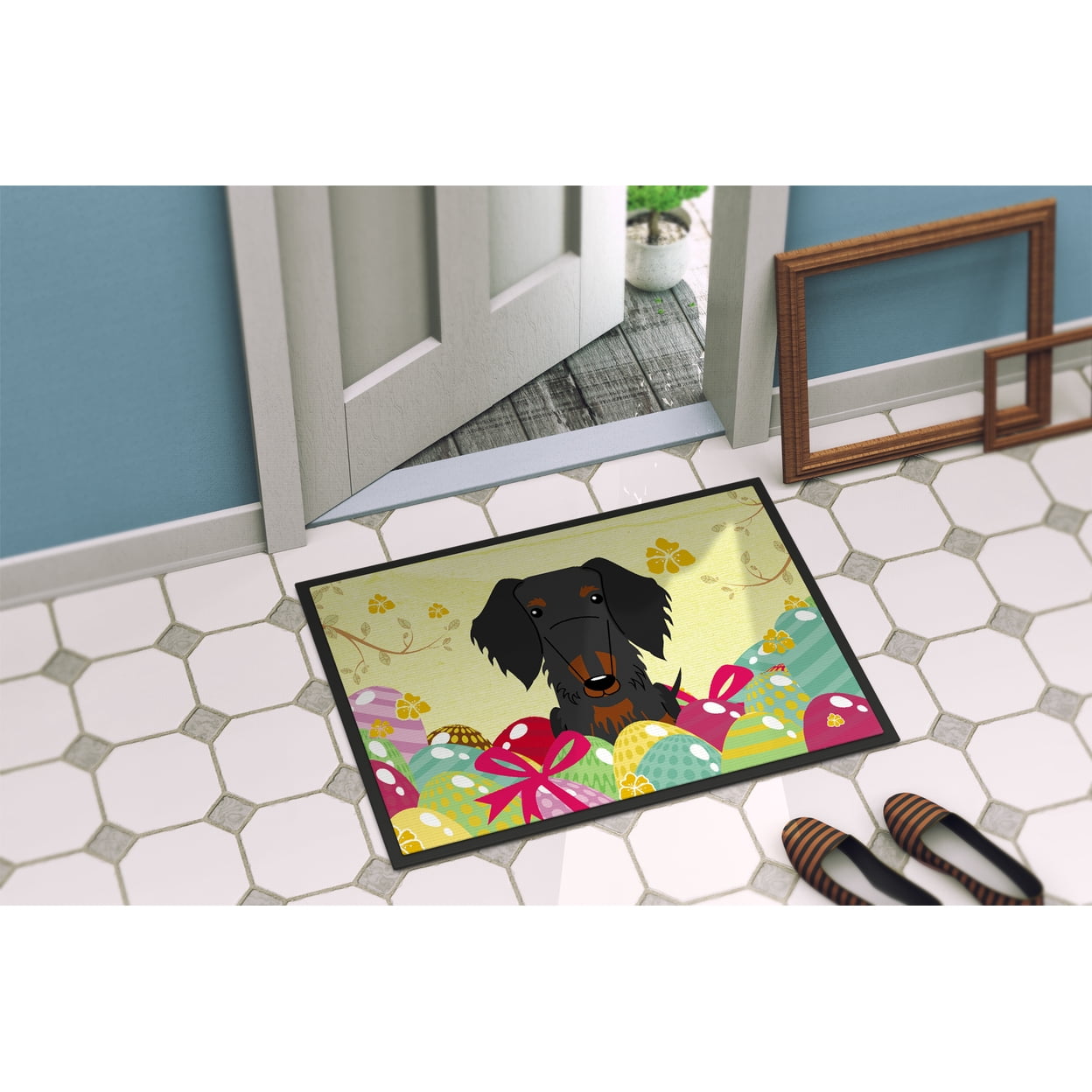 Carolines Treasures BB6127JMAT 24 x 36 in. Easter Eggs Wire Haired Dachshund Black Tan Indoor or Outdoor Mat