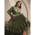 thumbnail image 3 of High-Neck Long Sleeve Pleated Ruffle Hem Maxi Dress In Olive Green, 3 of 26