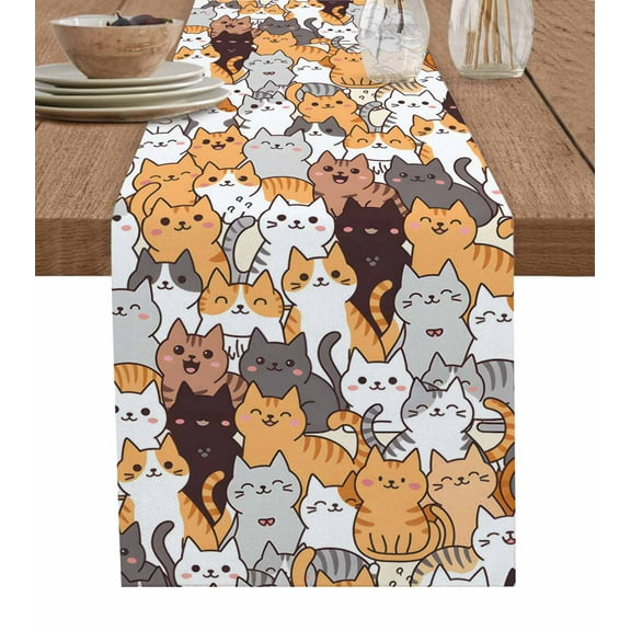 Cartoon Cat Table Runner Modern Funny Cute Orange Gray Animals Tablerunners 14 x 72 Inch, Table Decorations Tabletop Scarf for Summer Gathering Holiday Farmhouse Kitchen Dining Decor