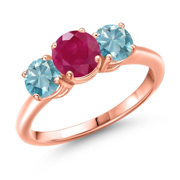 Gem Stone King 18K Rose Gold Plated Silver Red Ruby and Blue Zircon Engagement Ring for Women | 2.70 Cttw | Round 6MM | Gemstone July Birthstone | Size 7