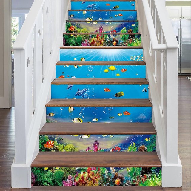 ZHAOCHENG piezas de pegatinas creativas 3D para escaleras con paisaje oceánico, pegatinas creativas 3D autoadhesivas para escaleras bajo el mar, calcomanías extraíbles con peces submarinos, corales y