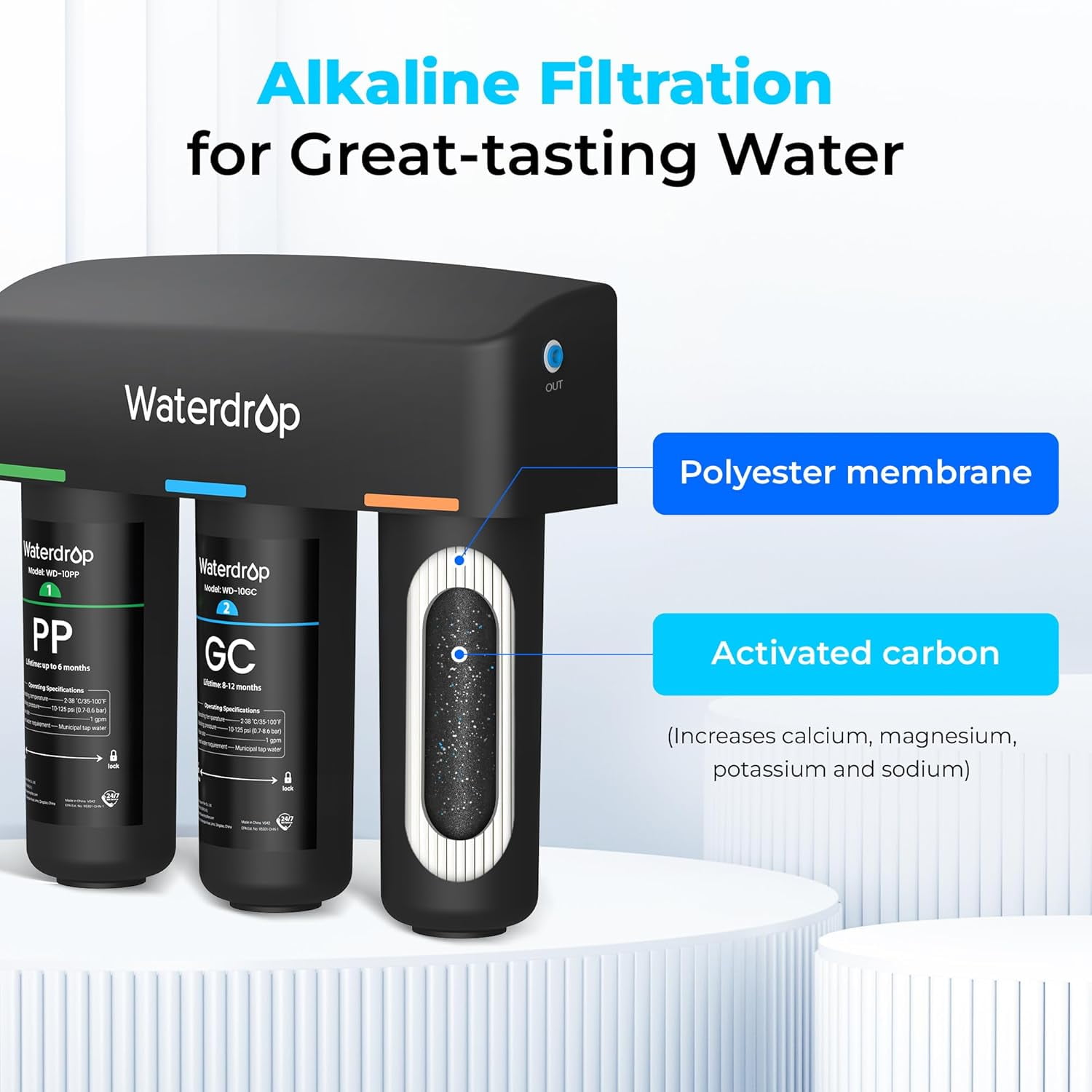 Restored Waterdrop TSB-ALK 8 Layer Slightly Alkaline Under Sink Water Filter System, Reduces PFAS, PFOA/PFOS, with Dedicated Faucet, Under Sink Water Filtration System (Refurbished)