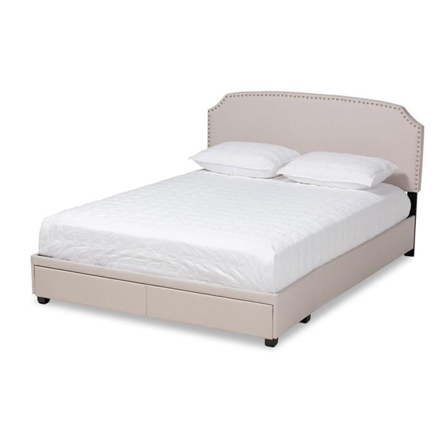 Baxton Studio Larese Lit Plateforme Grand avec Rangement Rembourré en Tissu, Beige