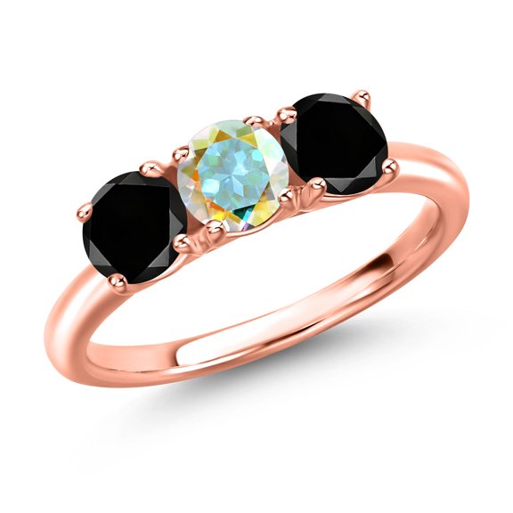Gem Stone King 18K Rose Gold Plated Silver Mercury Mist Mystic Topaz and Black Diamond Engagement Ring for Women | 1.65 Cttw | Round 5MM | Gemstone November Birthstone | Size 9