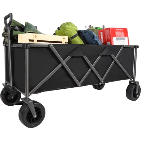Lineslife Extra Long Wagon Heavy Duty, 250L Collapsible Utility Extended Deep Beach Wagon with Side Pocket and Brakes for Camping Shopping