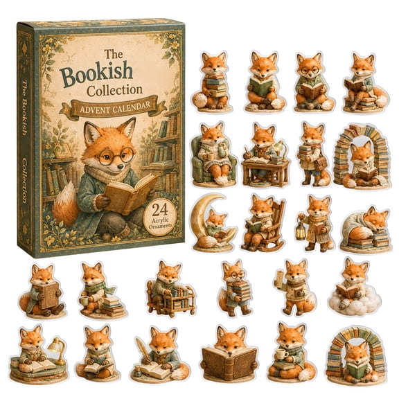 Bookish Advent Calendar 2026, 24 Piece Acrylic Reading Fox Countdown Calendar, Christmas Surprise Gift for Book Lovers, Readers, Writers and Cozy Home Decor Fans