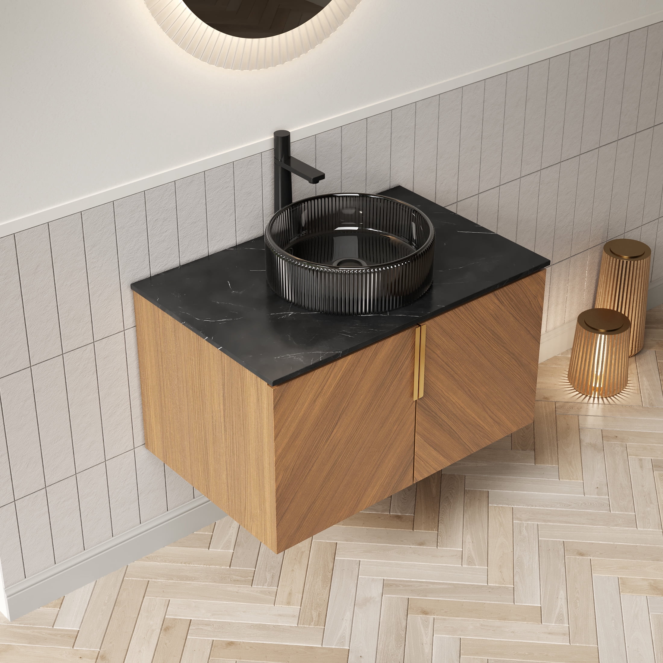 Noble House ARAI 30" Floating Plywood Bathroom Vanity, Sintered Stone Top Cabinet with Black Glass Round Vessel Sink, Oak
