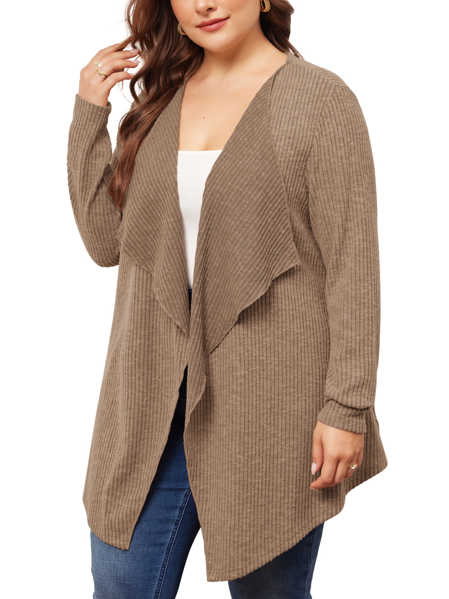 DARING DIVA Plus Size Open Front Irregular Hem Long Sleeve Cardigan 1X Dark Khaki