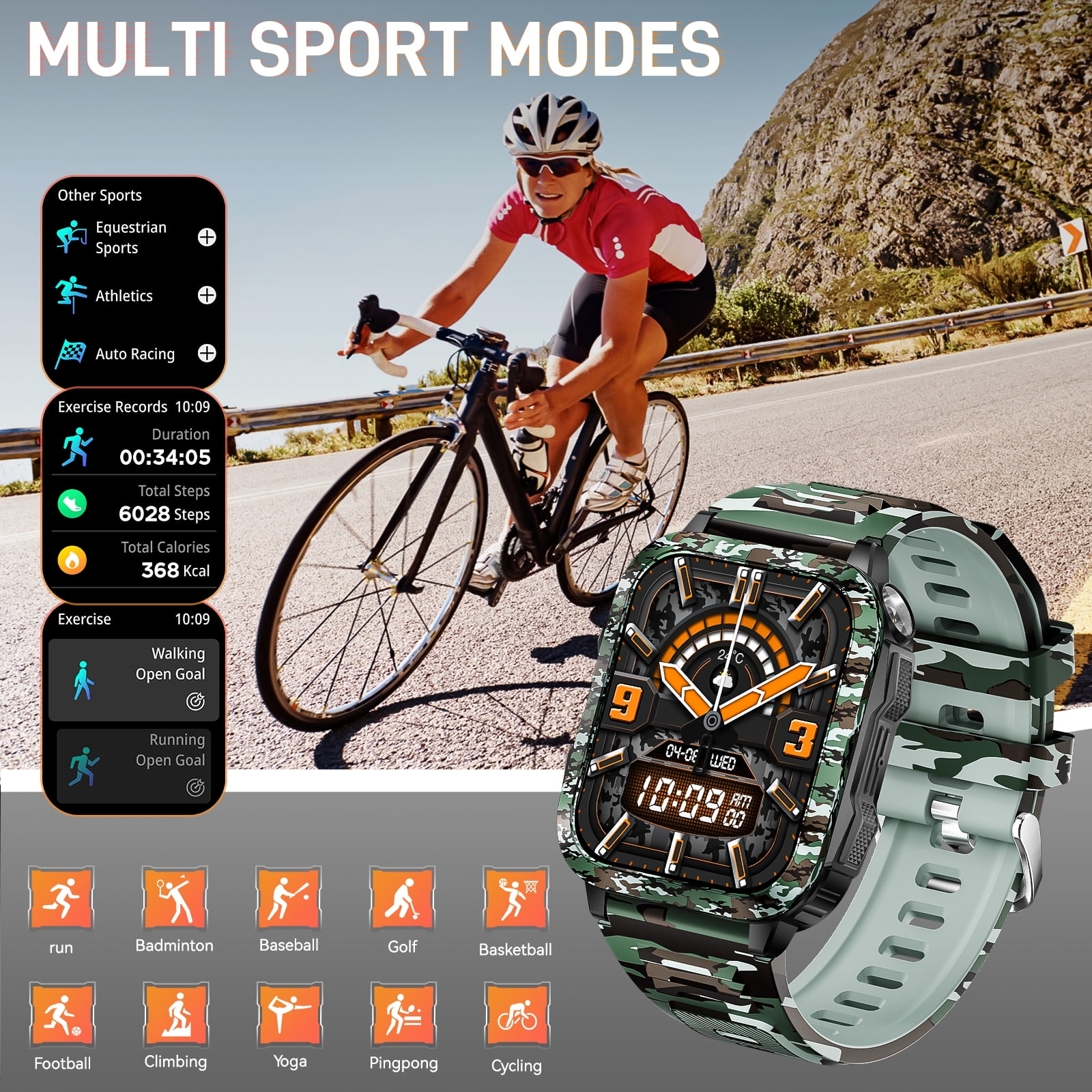 XAXRE KT79 Smart Watch for Men with 1.96" Big Screen LED Flashlight/UV Light 3ATM Waterproof Rugged Smartwatch with Text and Call for iOS Android, 1pc
