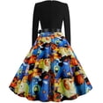 thumbnail image 3 of QLEICOM Halloween Costumes, Vintage V Neck 1950s Housewife Evening Party Prom Dress for Women, Retro Swing Cocktail Party Dress, Halloween Skull Print Long Sleeve Slim Dress M XXL, 3 of 5