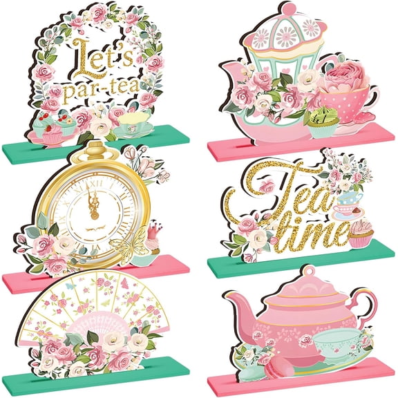 6 Pcs Floral Tea Party Decorations Spring Floral Time Table Wooden Centerpieces Pink Flower Teapot Sign for Baby Shower Princess Birthday Spring Party Wedding