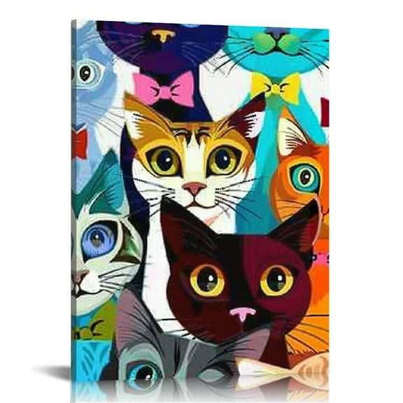 FCXZI Funny Colorful Cat Wall Art Cartoon Cat Canvas Wall Art Cute Bathroom Wall art Picture Nursery Wall Decor Kid's Bedroom Canvas painting 12x16in