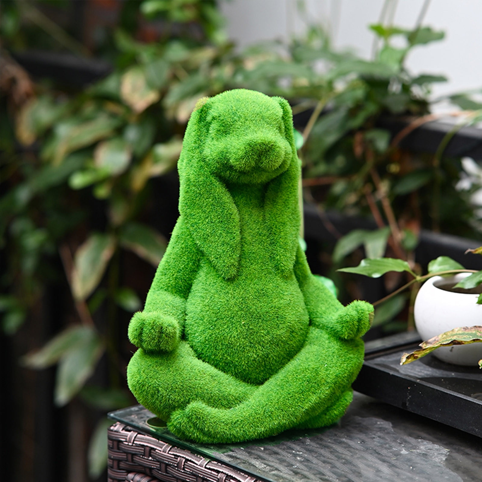 Taotanxi Easter Decorations 12" Simulated Flocking Meditations Rabbits Ornament Artificial Moss Finish Resin Sculpture Guest Greeter Home Decor Outdoors