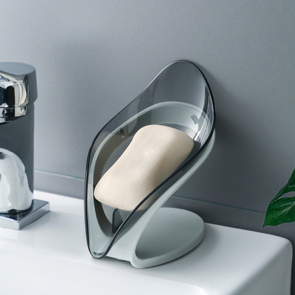 TureClos Self Draining Soap Box No Punching Leaf Shape Dish Tray Decorative Soap Holder for Bathroom Kitchen, Grey"
