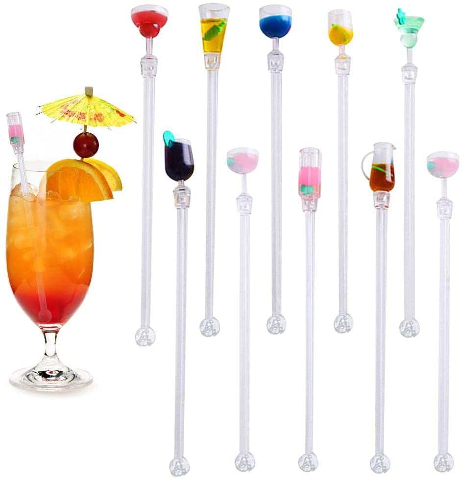10 Pcs Cocktail Stirrers Swizzle Sticks Acrylic Drink Stirrers Reusable Colorful Swizzle Sticks with Wine Glass Patterns for Home Bar Tropical Drinks Cocktail Accessories Multicolored 9 23CM 