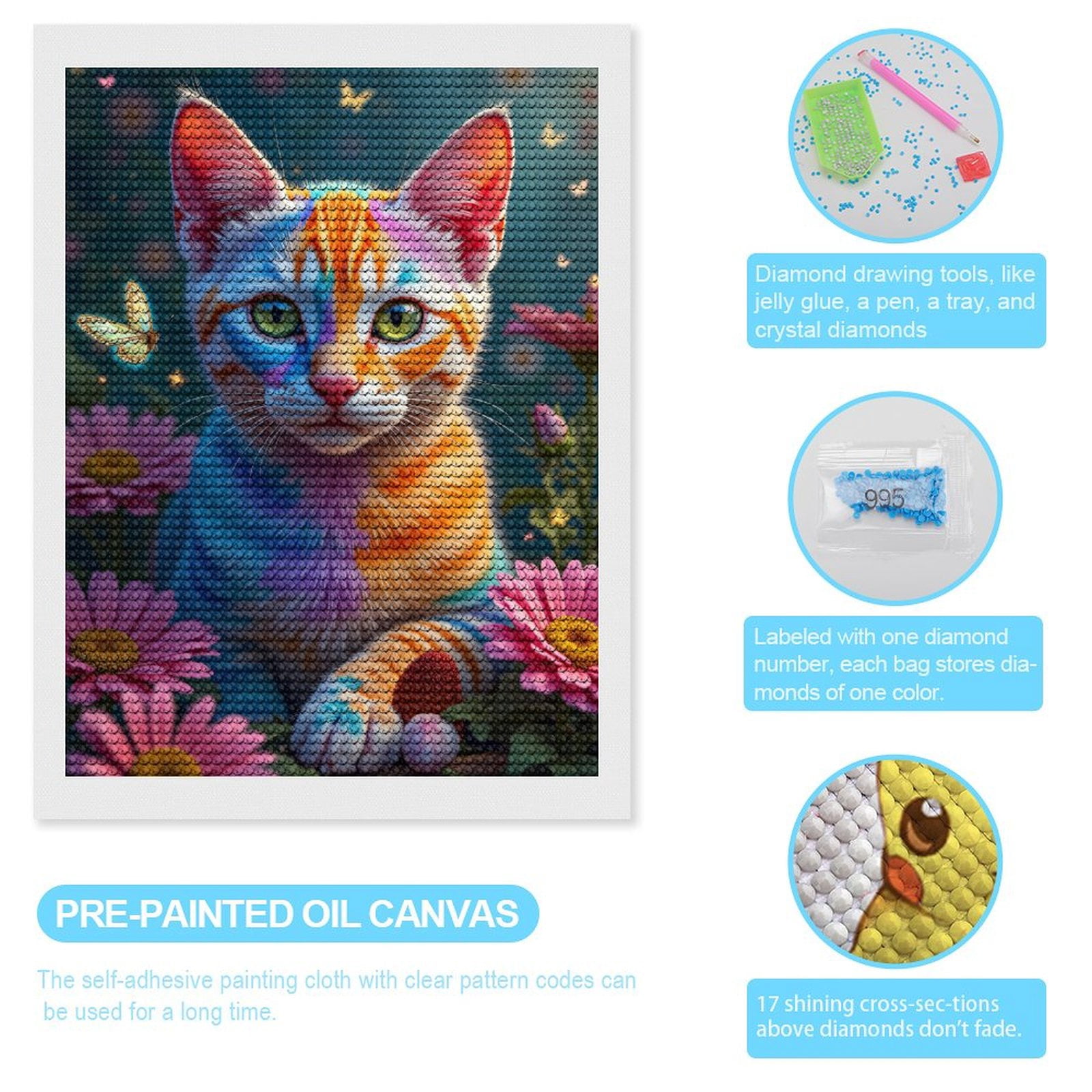 Diamond Art Kits for Adults, Colorful Cat Butterfly Garden 5D Diamond Painting Kits for Adults Beginners, DIY Full Drill Diamond Painting, Gem Art and Crafts 12x16