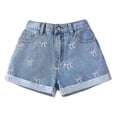 thumbnail image 2 of Girls Bow Embroidered Denim Shorts, High Waist Rolled Hem Jean Shorts for Summer Daily Wear and Outdoor Activities Sky Blue 12Y, 2 of 6