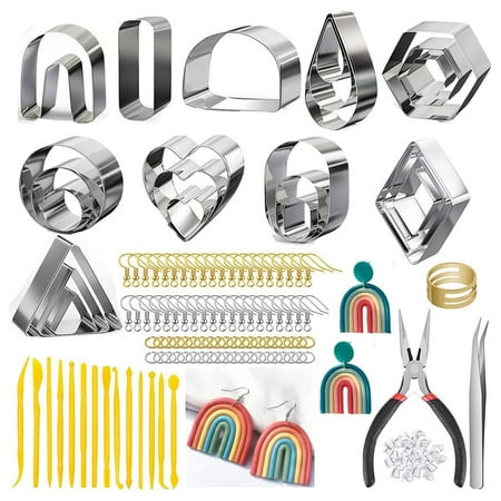 

TINYSOME Polymer Clay Cutters 10 Shapes Cutters 141 Pcs Clay Earring Cutters with Shaping Rods and Hooks Clay Cutters for DIY