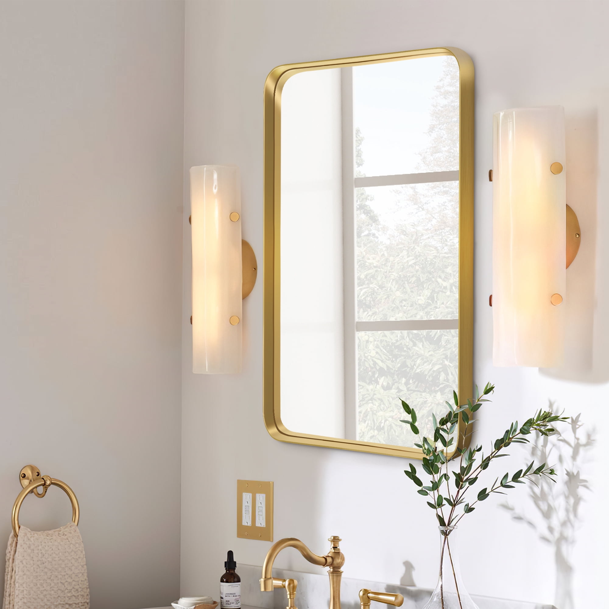 40"x29" Aluminum Alloy Wall Mount Rounded Corner Rectangular Mirror,Gold