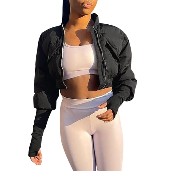 TAIAOJING Women's Winter Cropped Puffer Jacket Solid Color Casual Cardigan Zipper Pocket Slim Fit Cotton Coat Winter Warm Clothes Coat