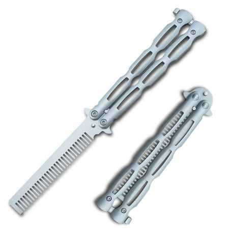 Satin Silver Stainless Steel Folding Butterfly Balisong Comb (Best Butterfly Knife Comb)