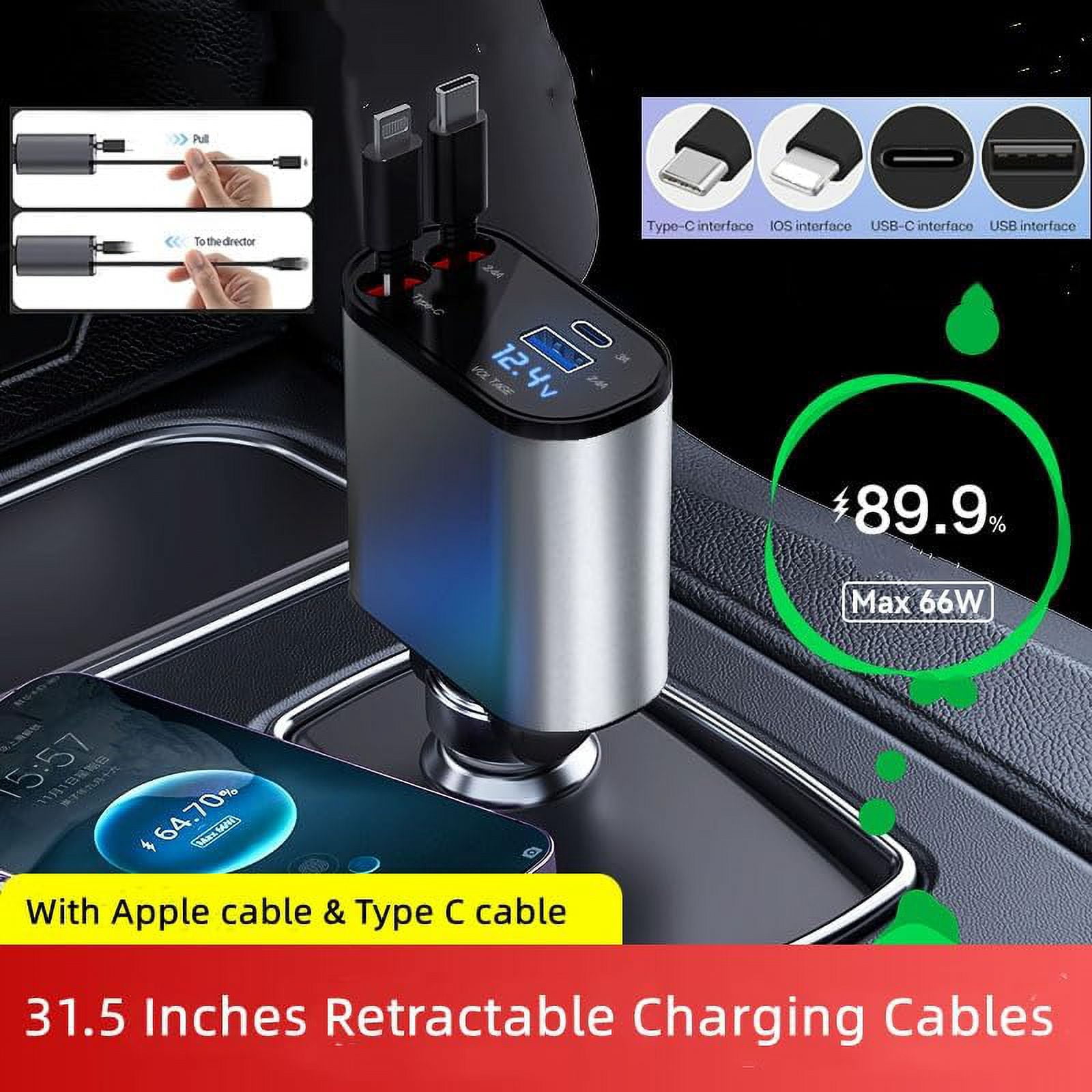 CJBZLCPCOO Retractable Car Charger,Type C Fast Car Phone Charger with 120W Power, 2 USB Ports, and Retractable Cables. It’s Compatible with iPhone Models 15/14/13/12/11/iPad and Galaxy