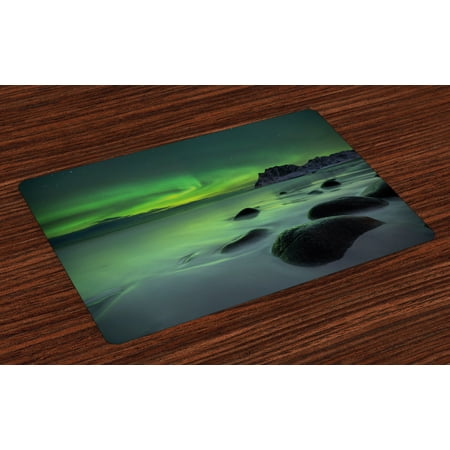 Aurora Borealis Placemats Set of 4 Magic Nature Panorama Coastline Oval Energy Sky Mist Picture, Washable Fabric Place Mats for Dining Room Kitchen Table Decor,Almond and Lime Green, by Ambesonne