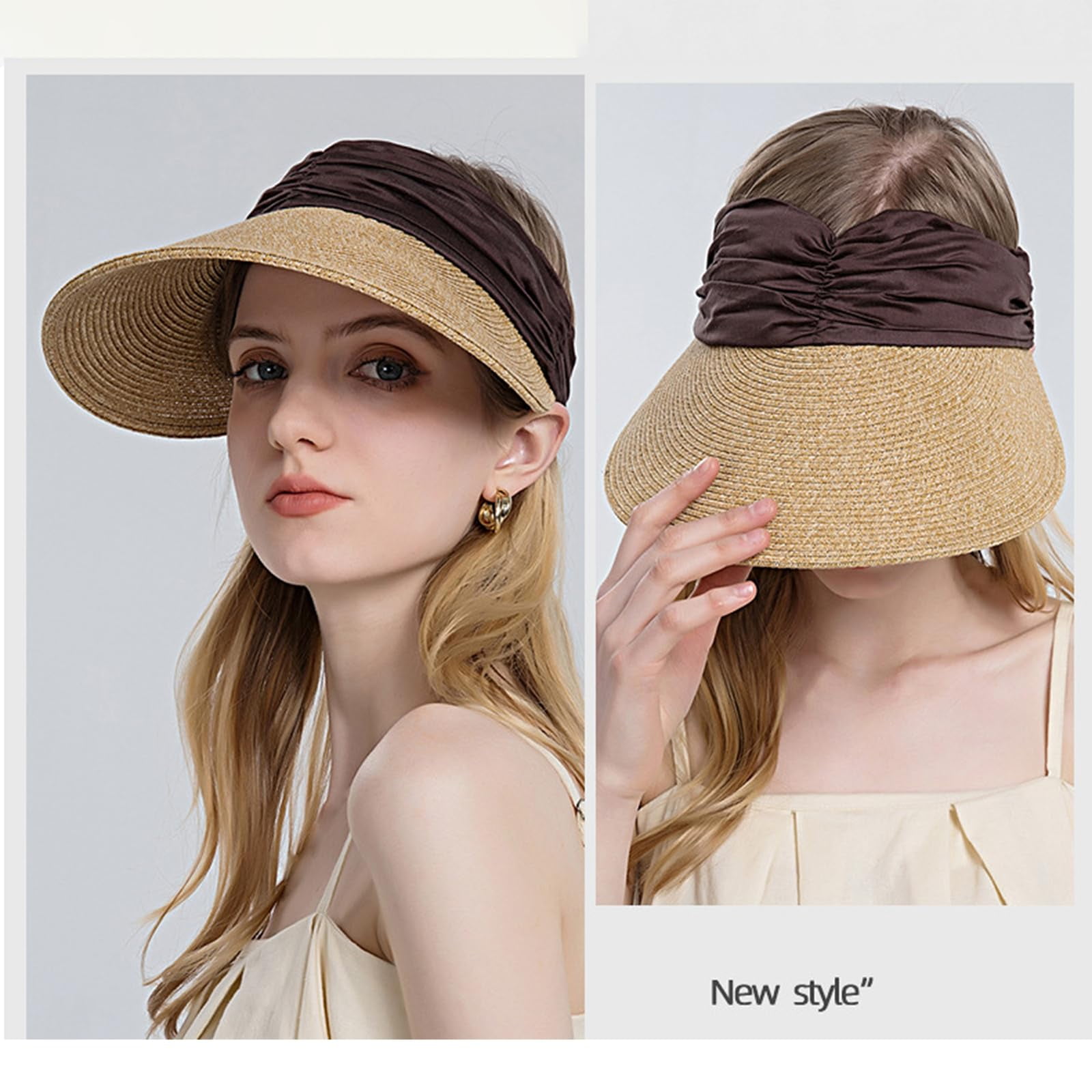 UPF50+ Wide Brim Visor Hats For Women Straw Beach Sun Hat Sun Hat Roll Up Foldable Ponytail With Uv Protection For Summer