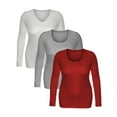 thumbnail image 4 of Emmalise Women's Junior and Plus Size Basic Scoop Neck Tshirt Long Sleeve Tee, Large, 3Pk White, Hgray, Red, 4 of 5