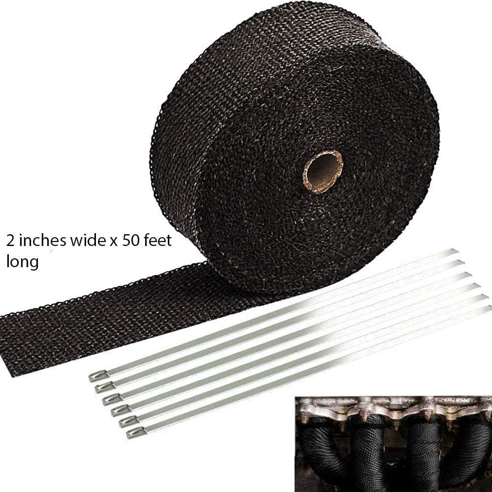 2" x 50' Black Exhaust Heat Wrap Roll for Motorcycle Fiberglass Heat Shield Tape with Stainless Ties