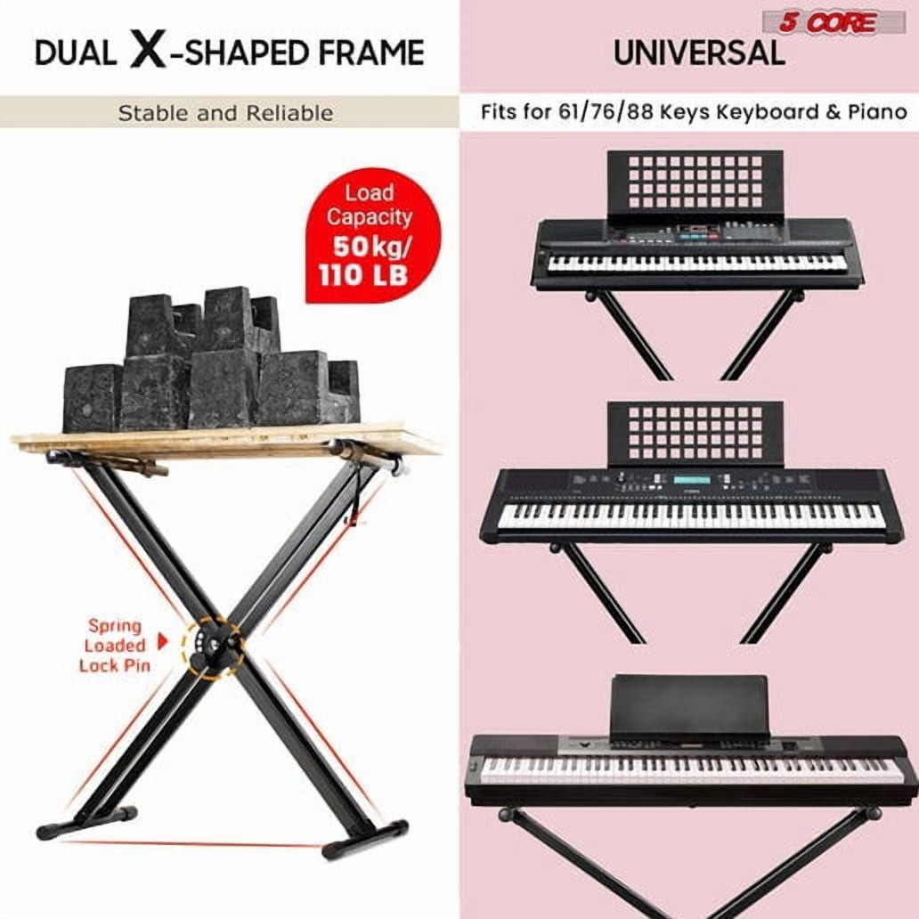 Piano Keyboard Stand Double X Style Heavy Duty Adjustable Digital Electric Piano Riser Durable & Sturdy Music Synthesizer Holder Stands For 61 76 88 Keys w Secure Locking Strap - KS 2X