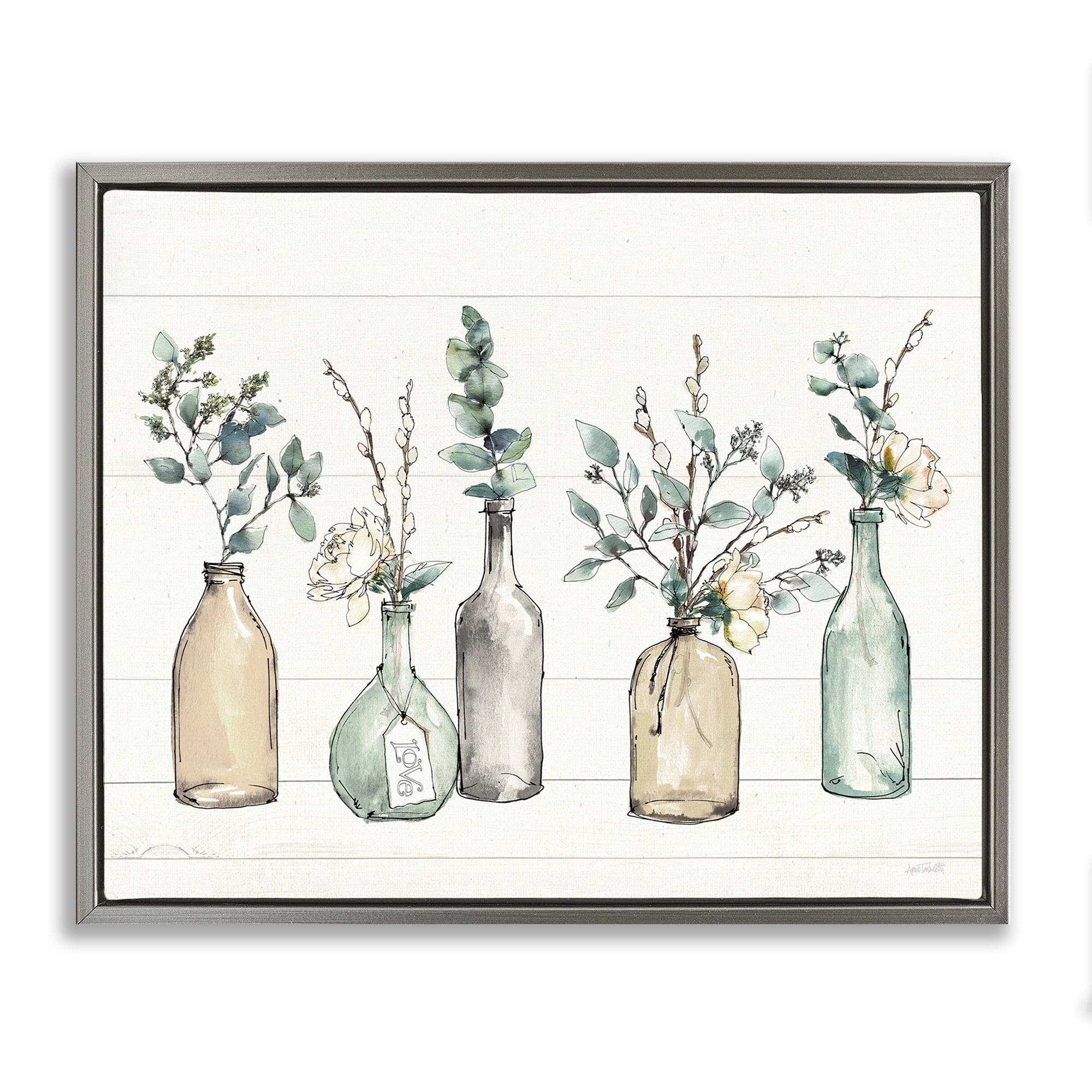 Stupell Industries Bottles And Plants Farm Wood Textured Design Luster Gray Framed Floating Canvas Wall Art, 16x20, by Anne Tavoletti