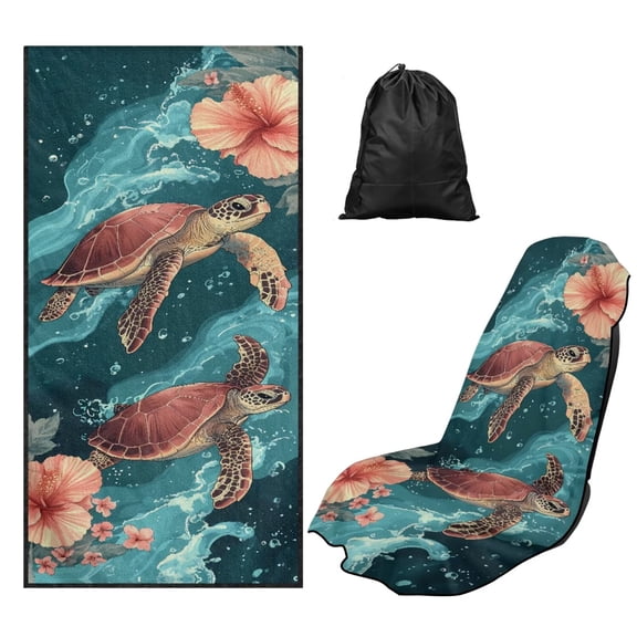 Bulopur Sea Turtle Front Car Seat Towel for Women Hibiscus Breathable Sweat Carseat Protector with Storage Bag for Beach Vacation Soft Fit SUV Sedan Truck 1pcs