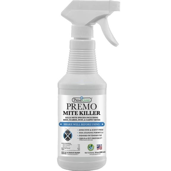 Premo Guard Mite Treatment Spray – 16 oz – Kills Dust, Scabies, Spider, Carpet, Bird, Mouse & Rat Mites in Home, on Furniture, Bedding – Natural Non-Toxic 100% Effective – Child & Pet Safe